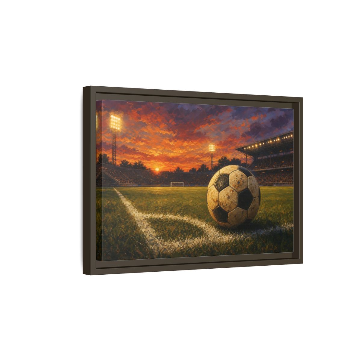 Side Mockup 5. Sunset Soccer Stadium shown as framed canvas print