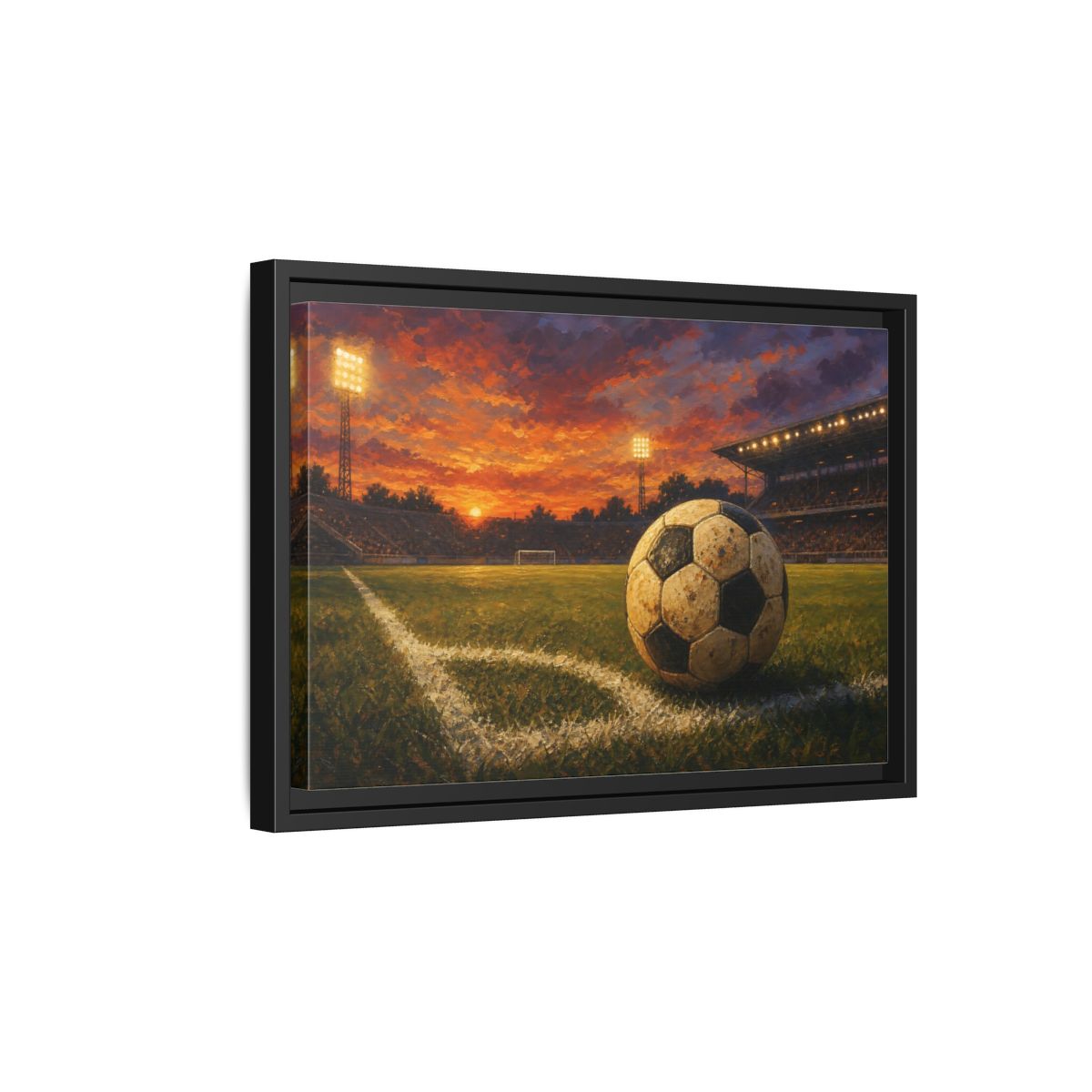Side Mockup 6. Sunset Soccer Stadium shown as framed canvas print