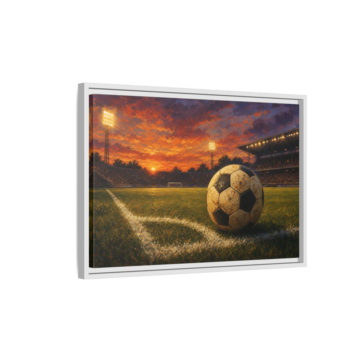 Side Mockup 1. Sunset Soccer Stadium shown as framed canvas print