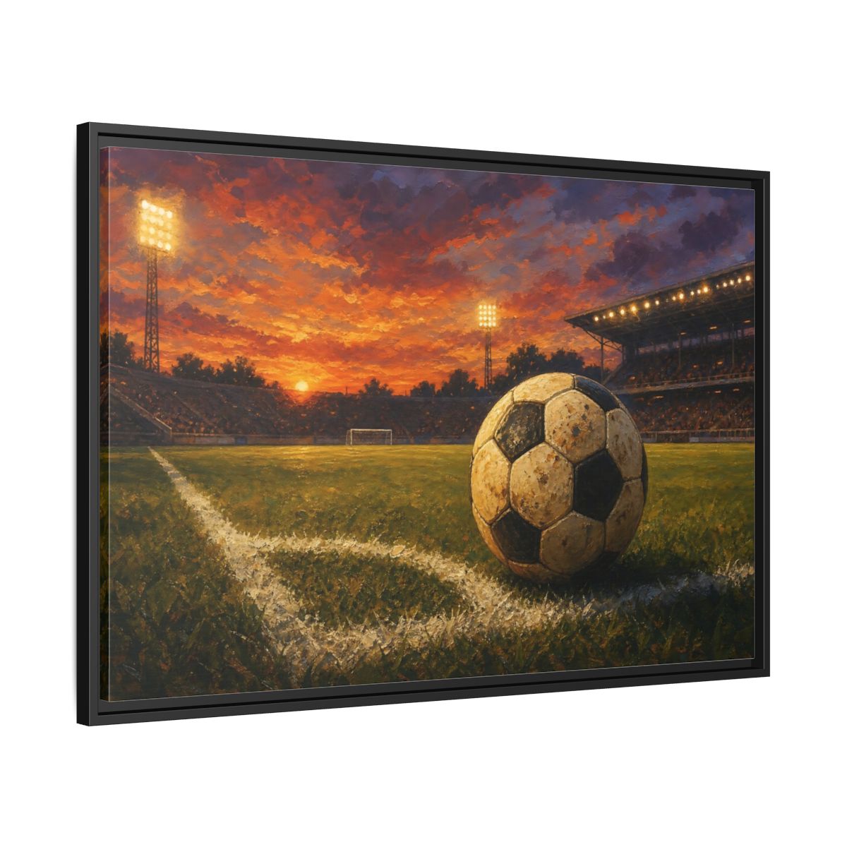Side Mockup 13. Sunset Soccer Stadium shown as framed canvas print