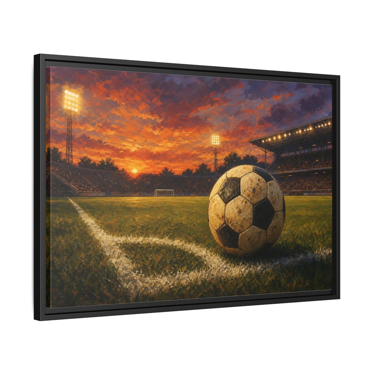 Side Mockup 14. Sunset Soccer Stadium shown as framed canvas print