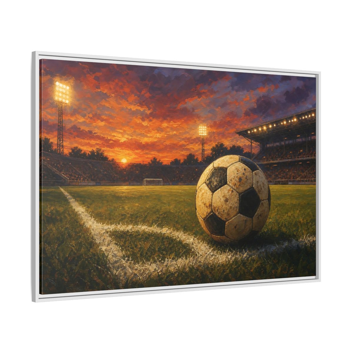 Side Mockup 7. Sunset Soccer Stadium shown as framed canvas print