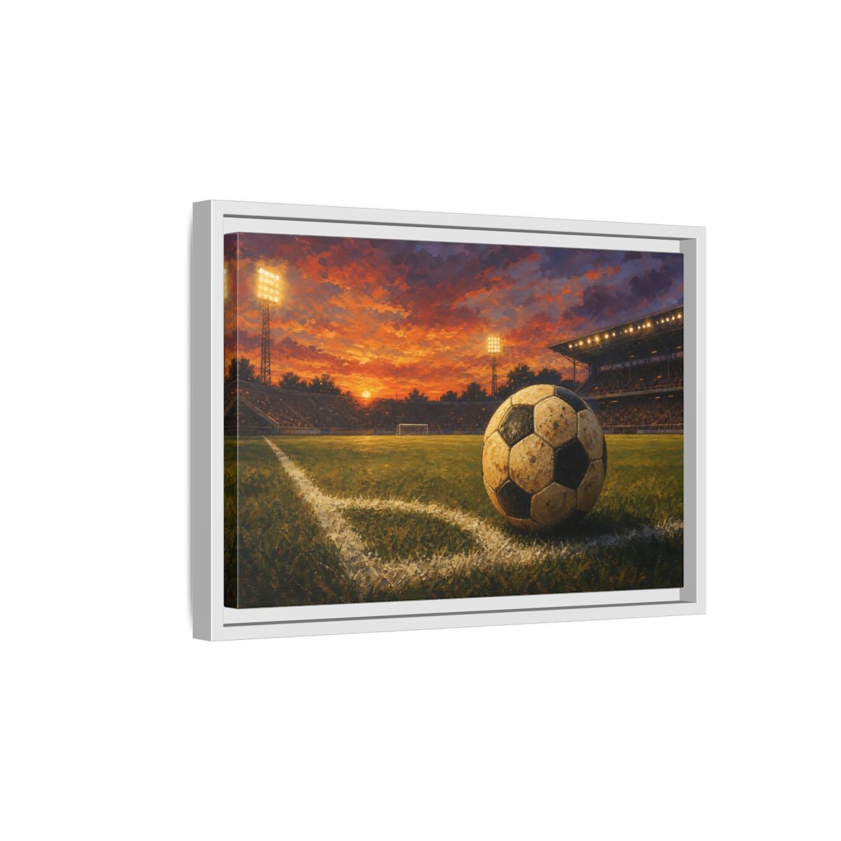 Side Mockup 4. Sunset Soccer Stadium shown as framed canvas print