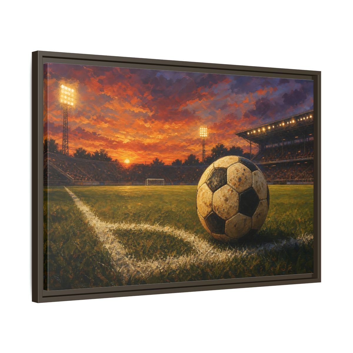 Side Mockup 11. Sunset Soccer Stadium shown as framed canvas print