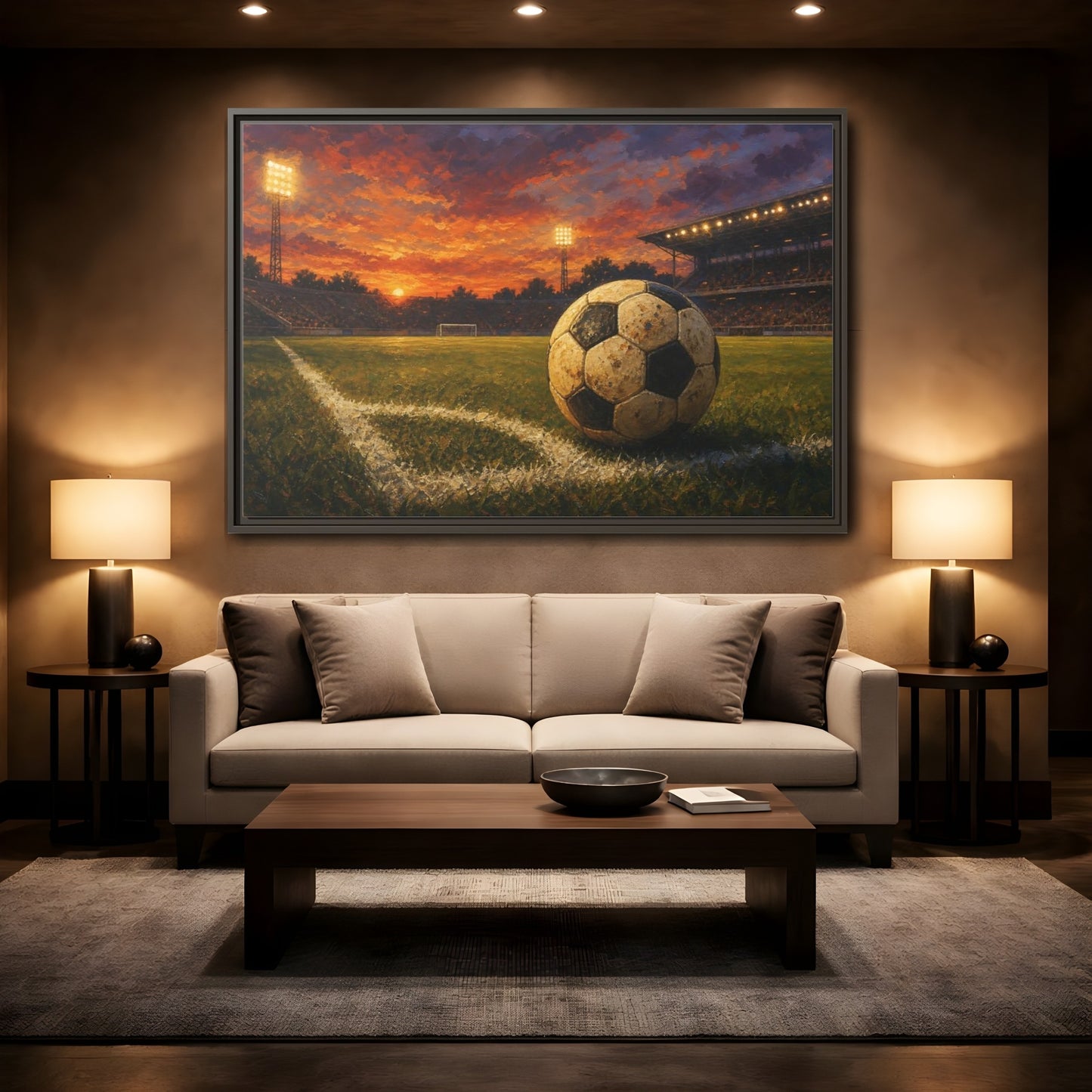 Mockup 2. Sunset Soccer Stadium shown as framed canvas print