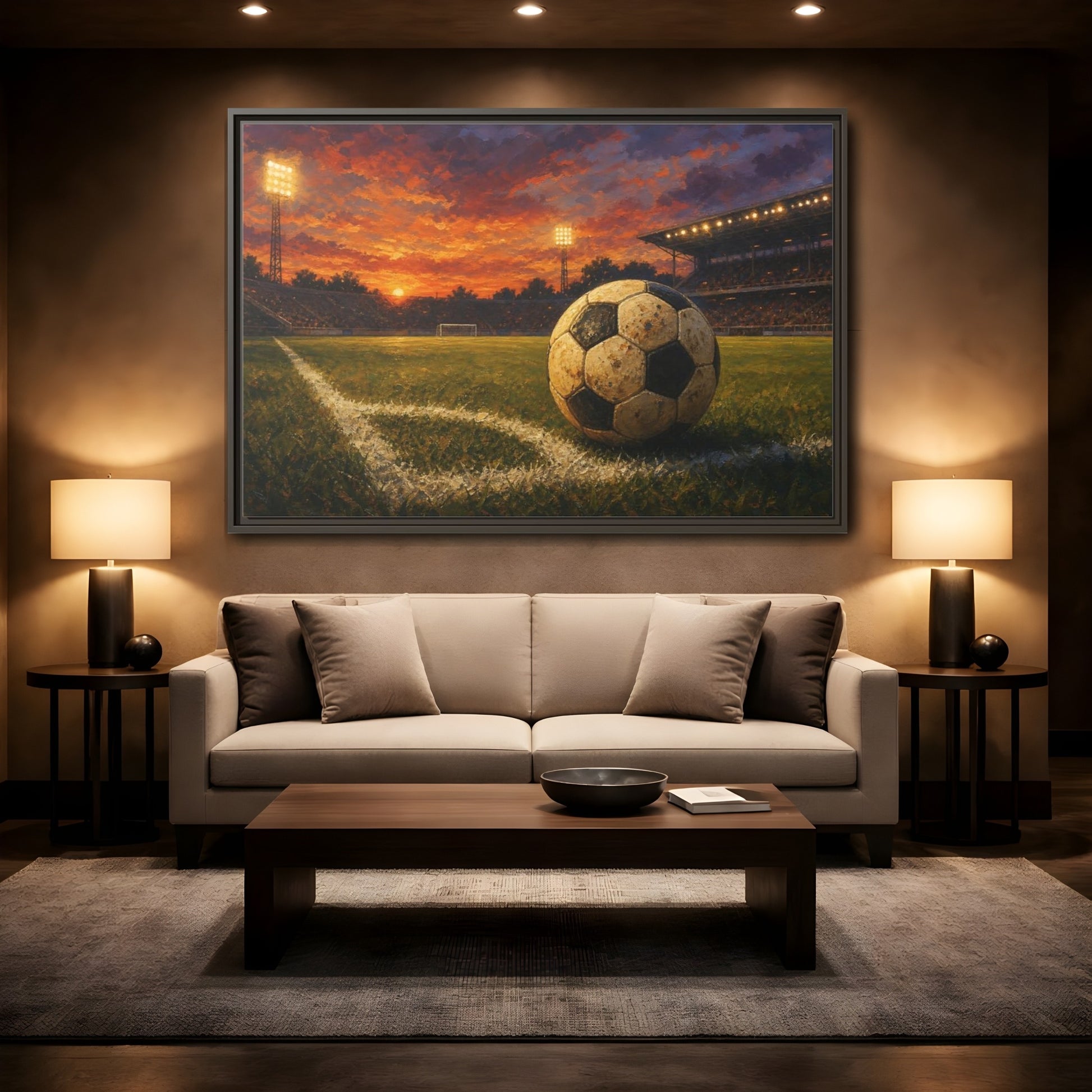 Mockup 2. Sunset Soccer Stadium shown as framed canvas print