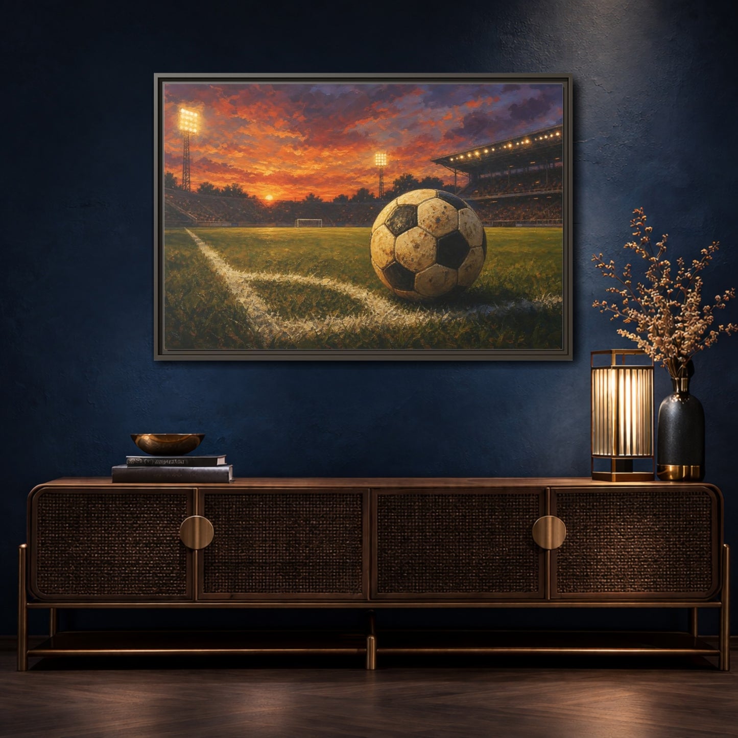 Mockup 4. Sunset Soccer Stadium shown as framed canvas print