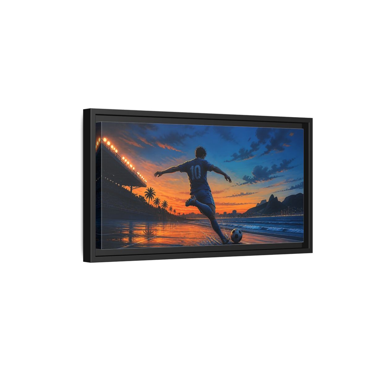 Side Mockup 8. Sunset Soccer Striker shown as framed canvas print
