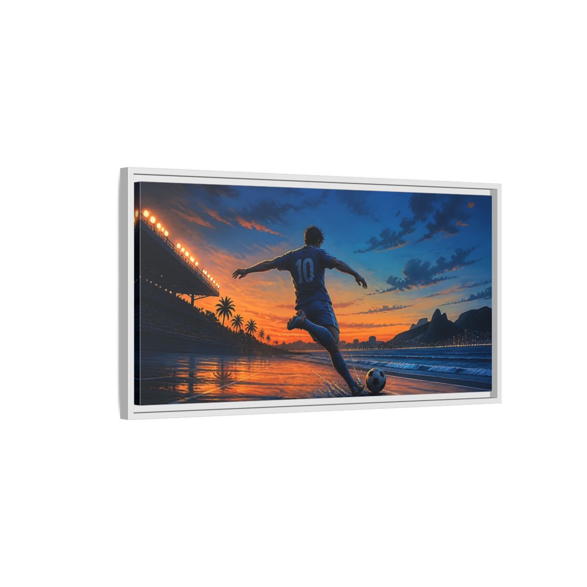 Side Mockup 1. Sunset Soccer Striker shown as framed canvas print