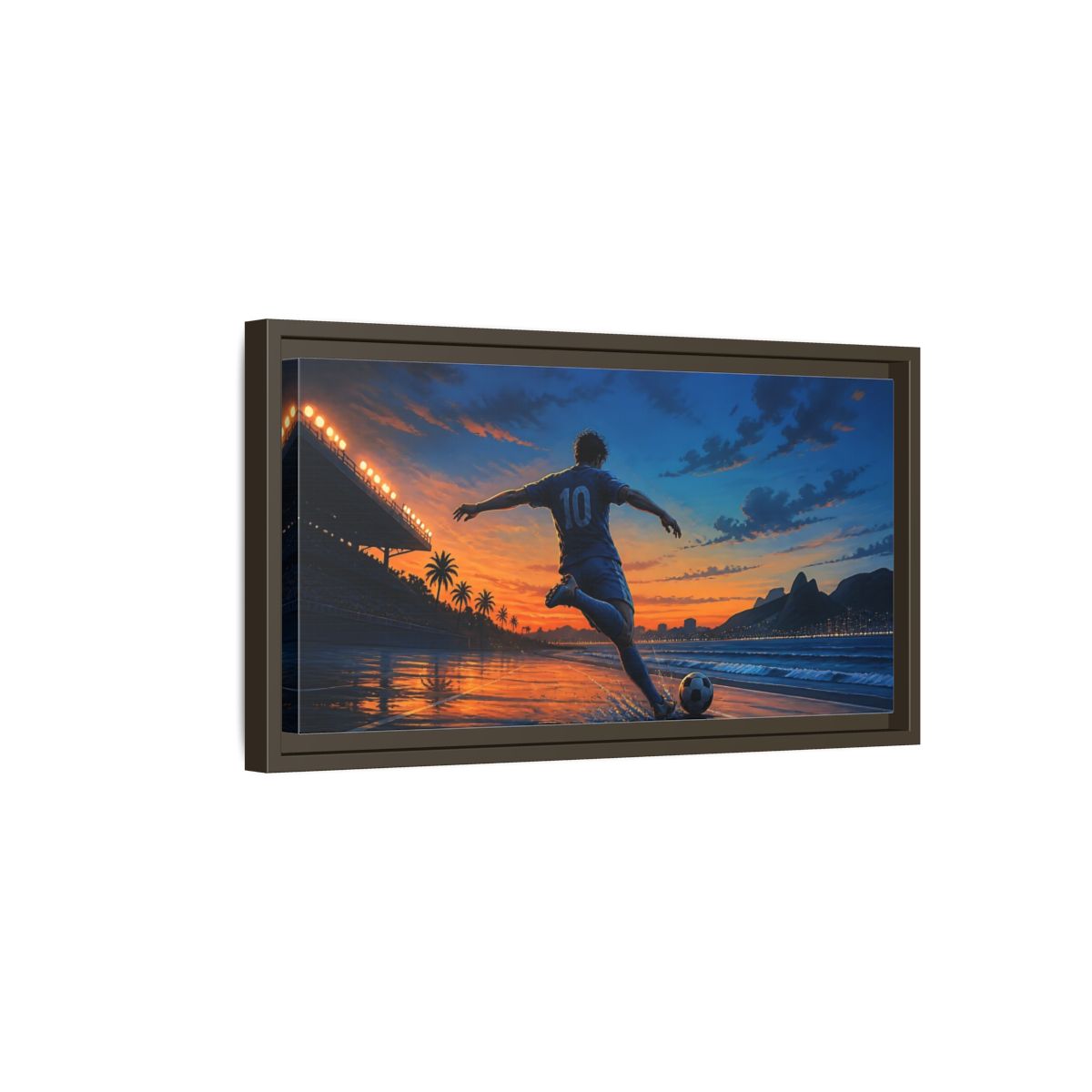 Side Mockup 7. Sunset Soccer Striker shown as framed canvas print