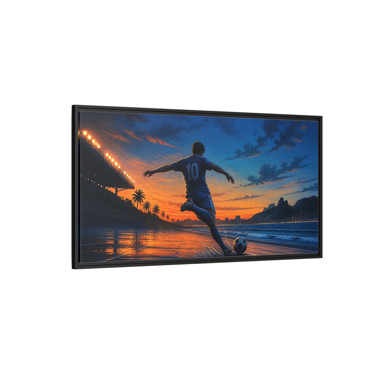 Side Mockup 5. Sunset Soccer Striker shown as framed canvas print