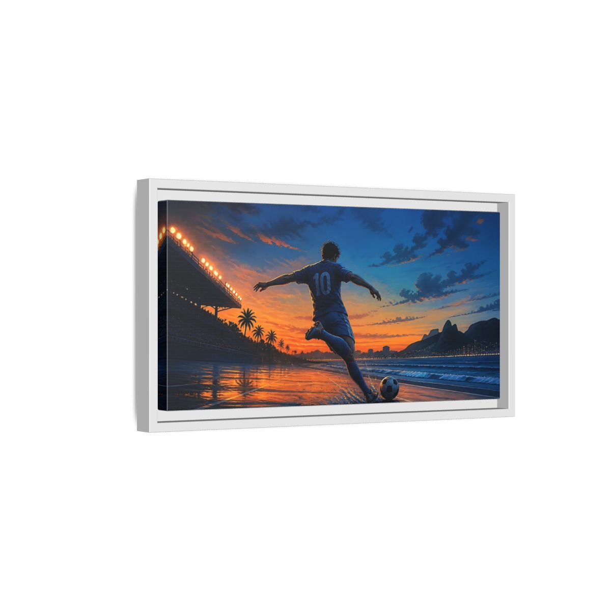Side Mockup 6. Sunset Soccer Striker shown as framed canvas print