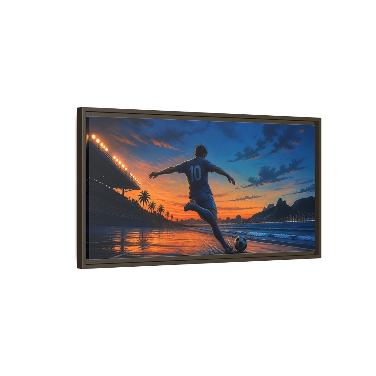 Main Mockup. Sunset Soccer Striker shown as framed canvas print