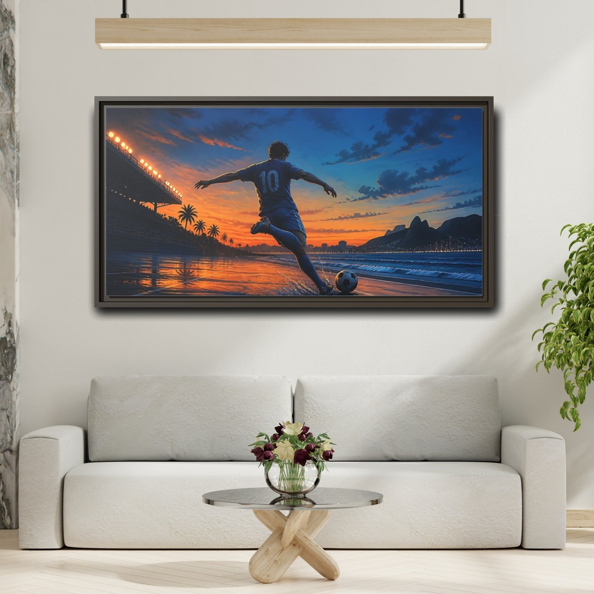 Mockup 2. Sunset Soccer Striker shown as framed canvas print