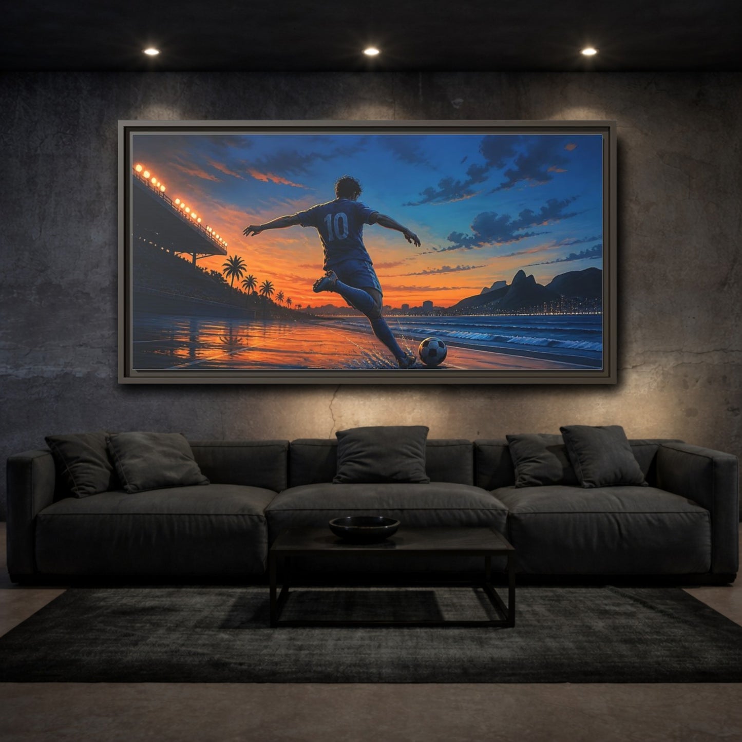 Mockup 3. Sunset Soccer Striker shown as framed canvas print