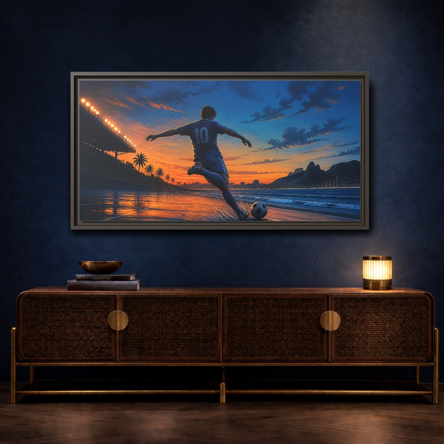 Mockup 4. Sunset Soccer Striker shown as framed canvas print