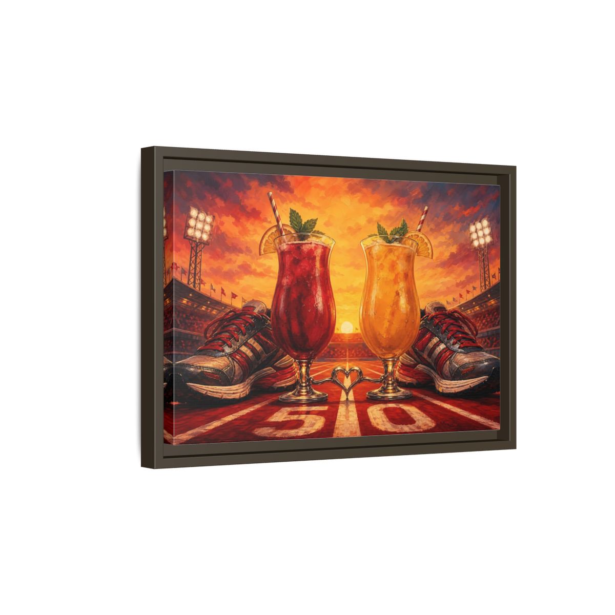 Side Mockup 5. Sunset Stadium Cocktails shown as framed canvas print