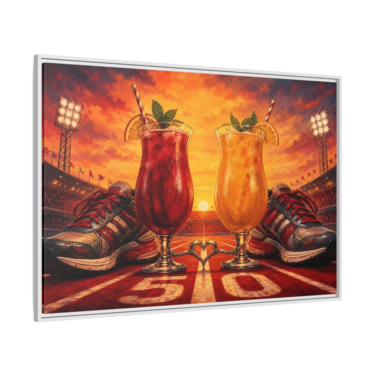 Side Mockup 7. Sunset Stadium Cocktails shown as framed canvas print