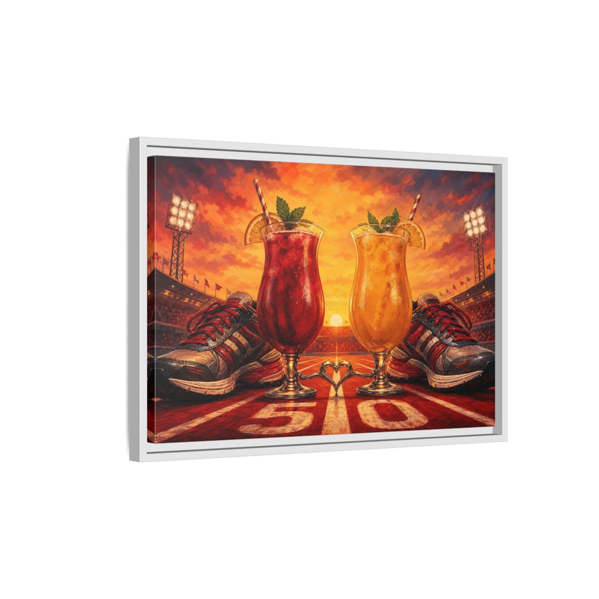 Side Mockup 1. Sunset Stadium Cocktails shown as framed canvas print
