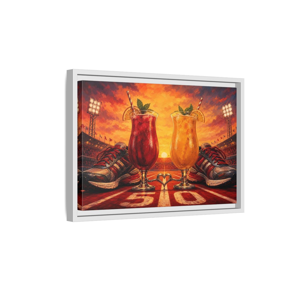 Side Mockup 4. Sunset Stadium Cocktails shown as framed canvas print
