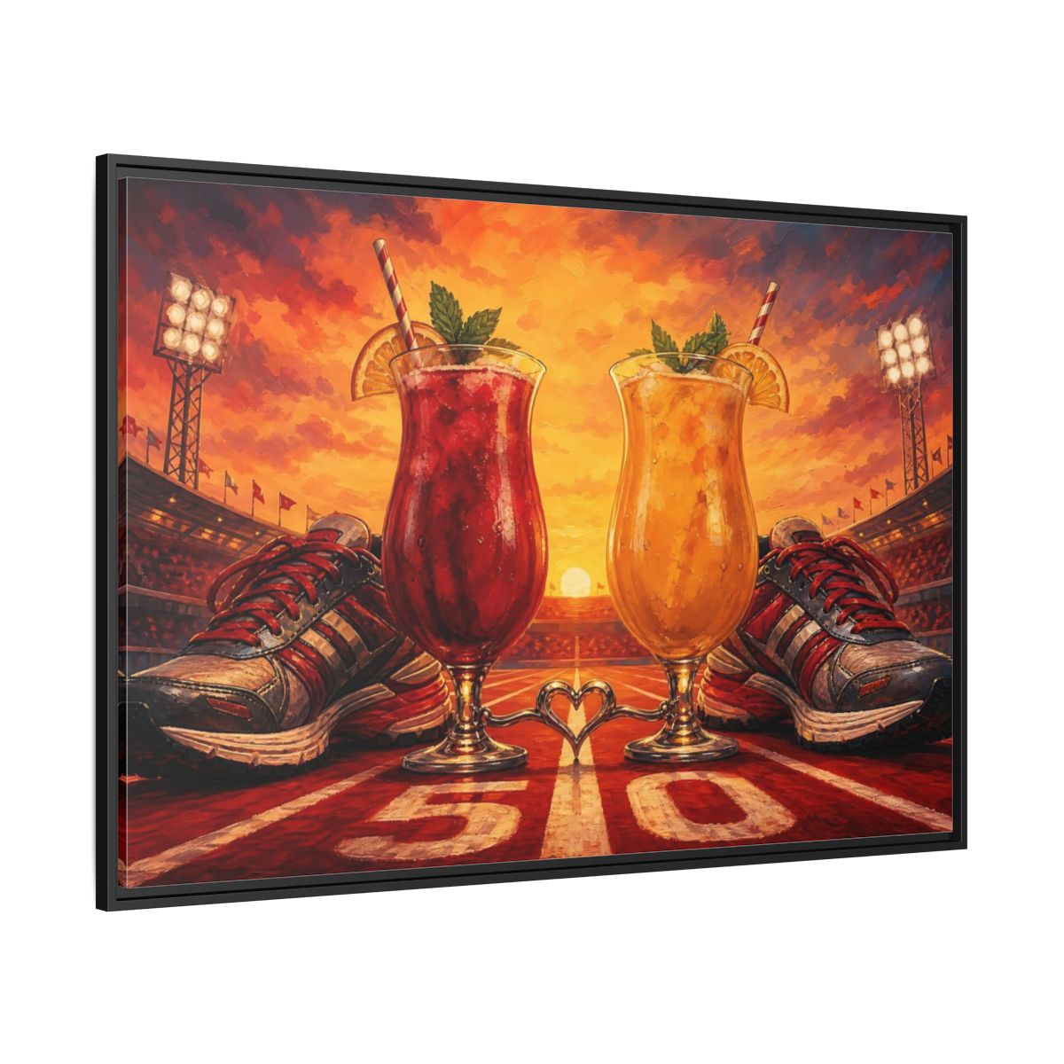 Side Mockup 12. Sunset Stadium Cocktails shown as framed canvas print