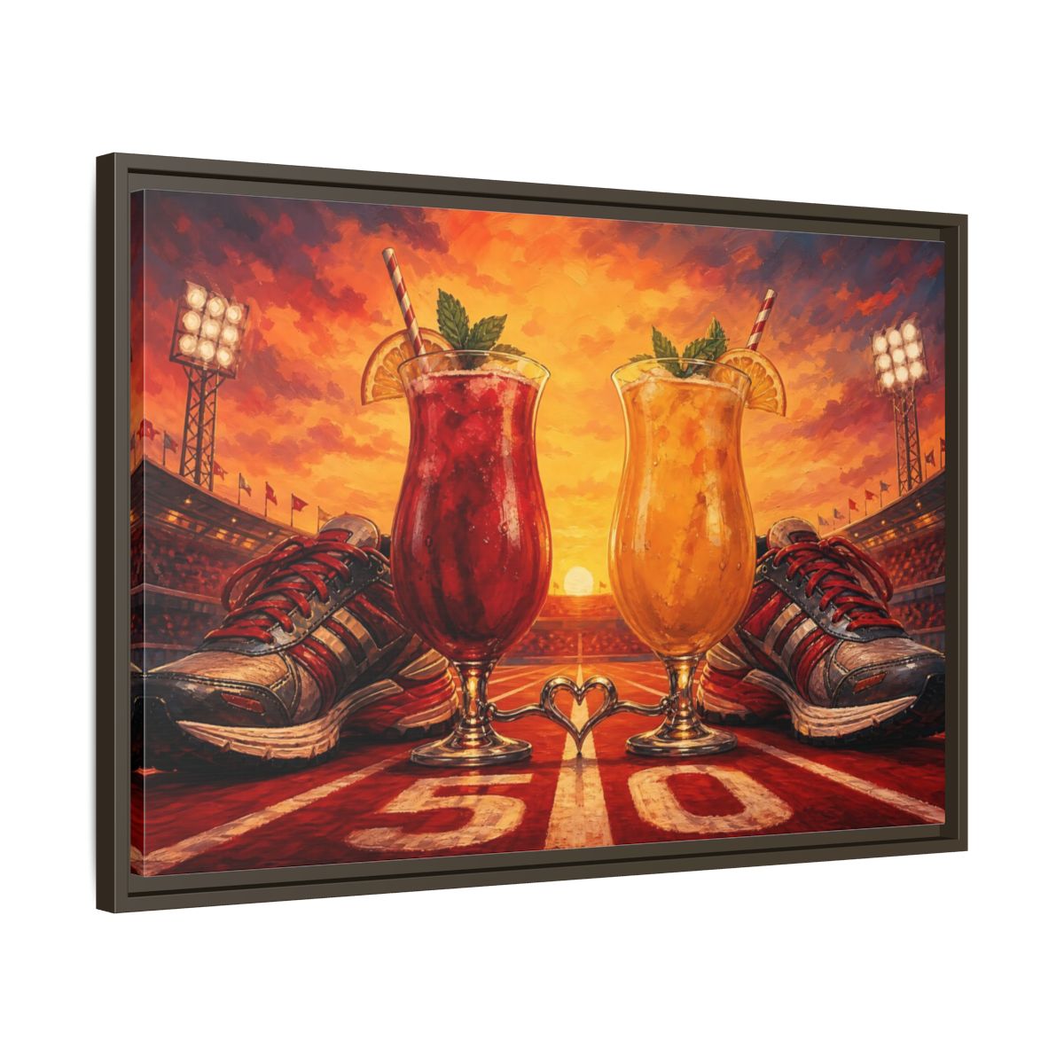 Side Mockup 11. Sunset Stadium Cocktails shown as framed canvas print
