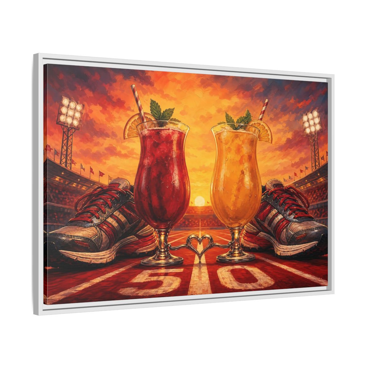 Side Mockup 9. Sunset Stadium Cocktails shown as framed canvas print