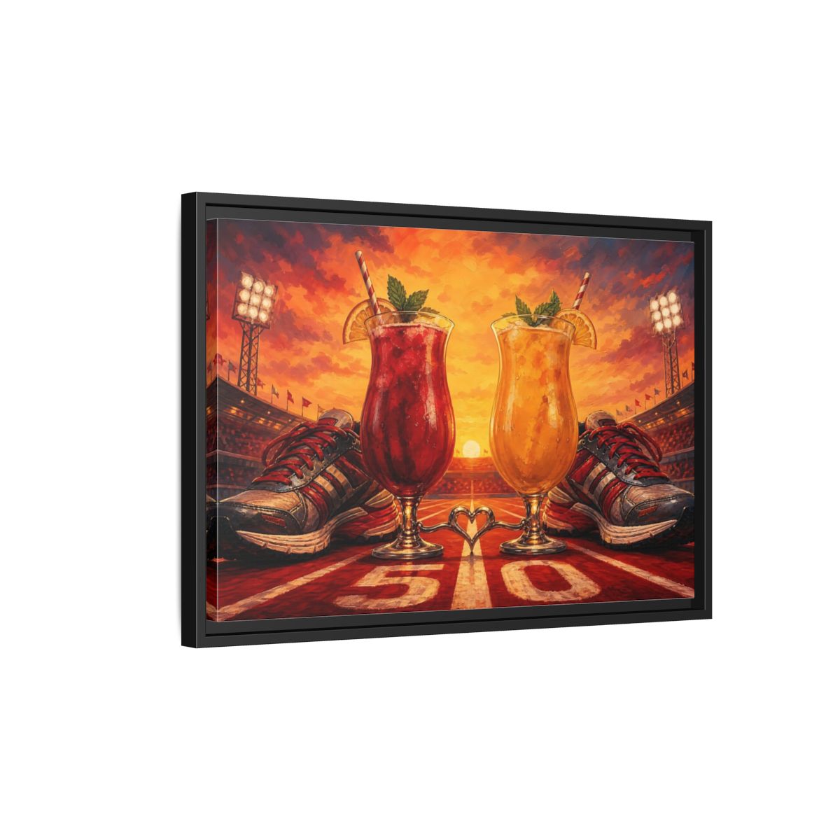 Side Mockup 3. Sunset Stadium Cocktails shown as framed canvas print