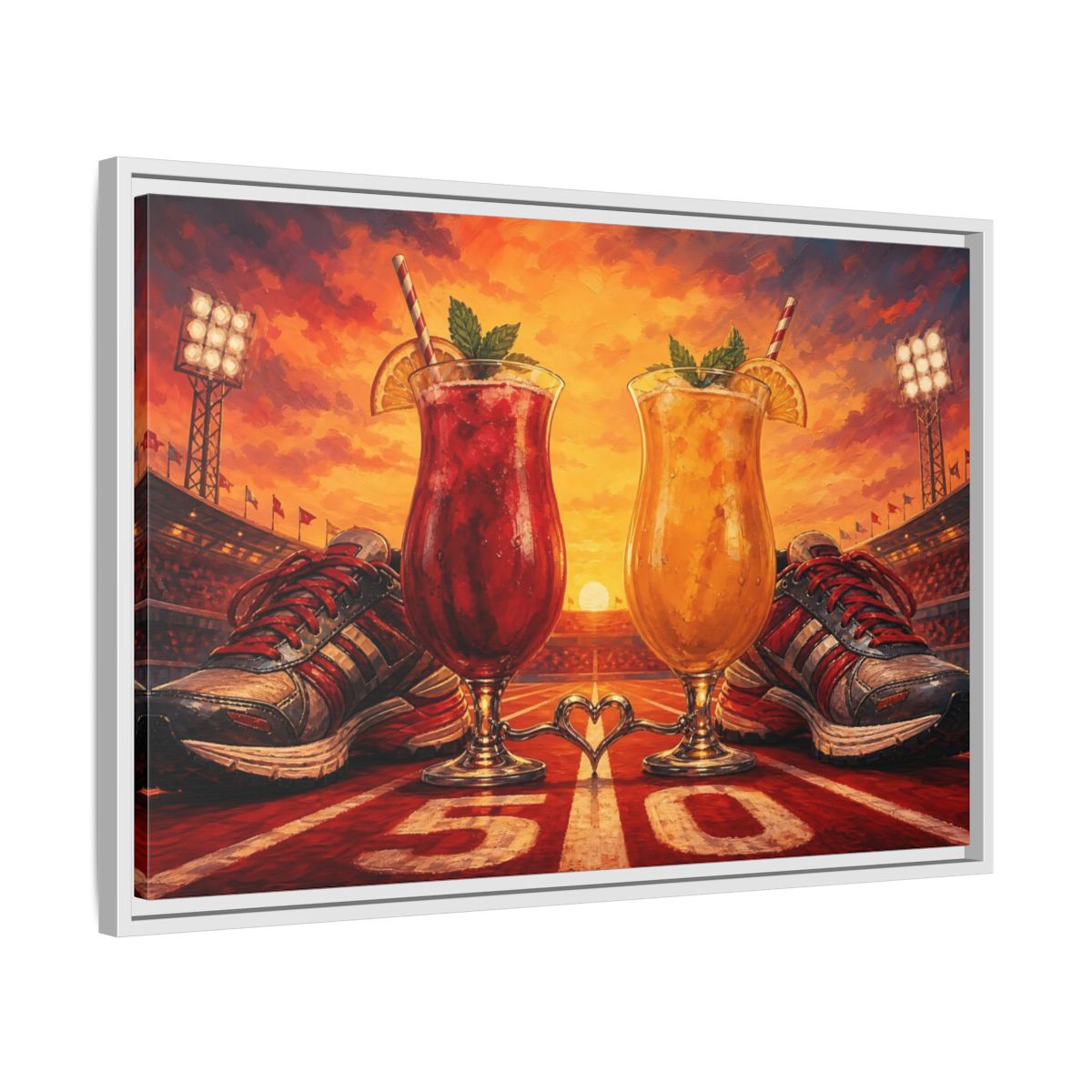 Side Mockup 10. Sunset Stadium Cocktails shown as framed canvas print
