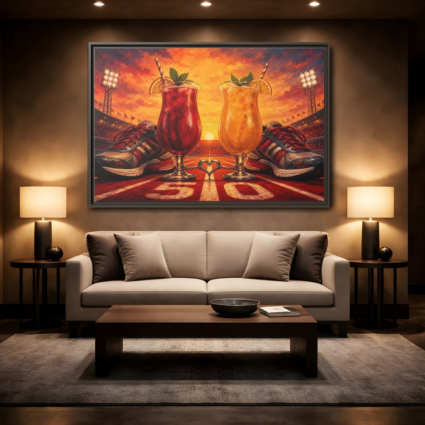 Mockup 2. Sunset Stadium Cocktails shown as framed canvas print
