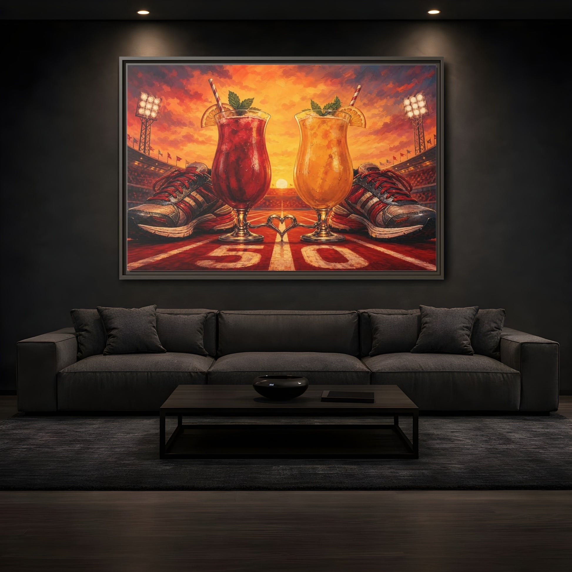 Mockup 3. Sunset Stadium Cocktails shown as framed canvas print