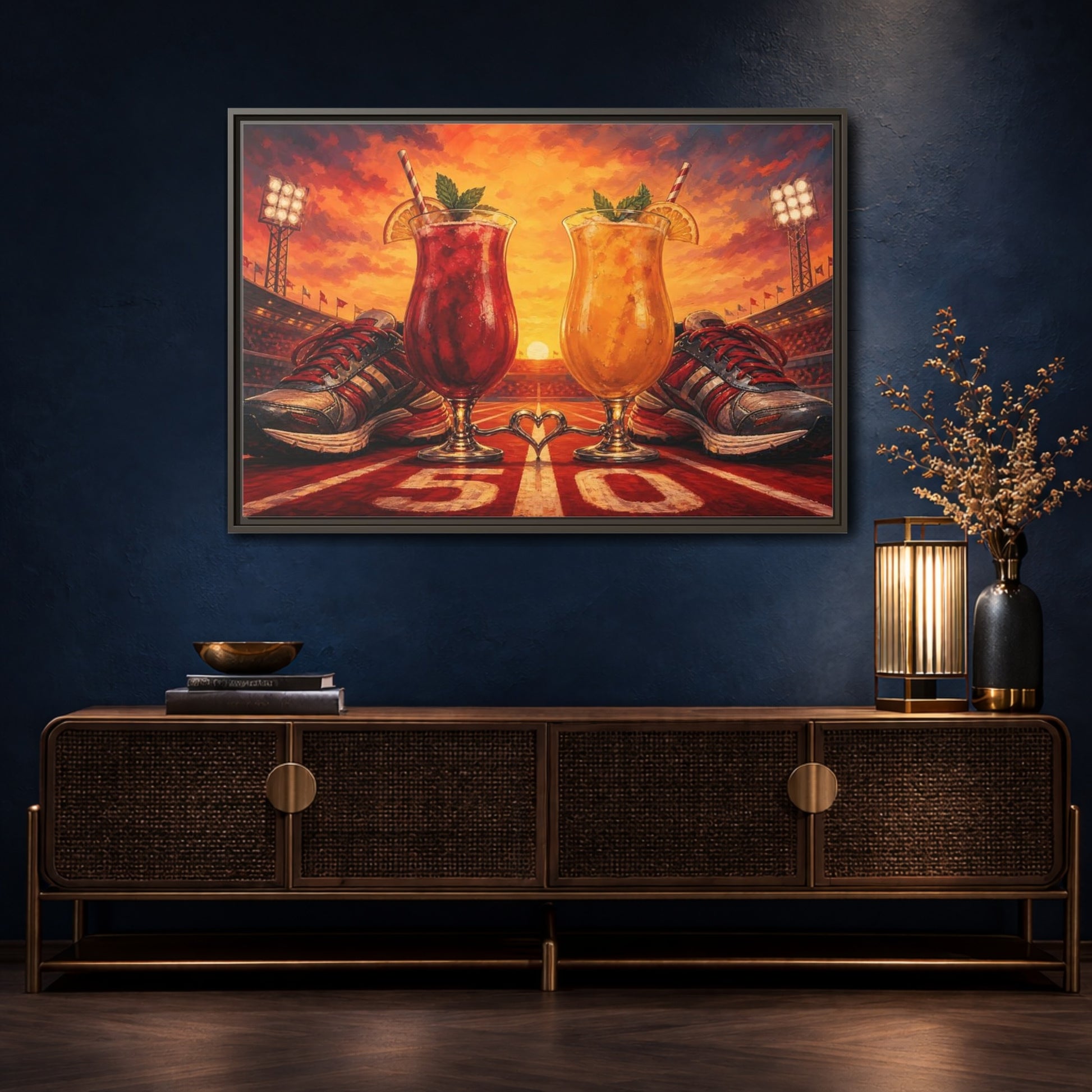 Mockup 4. Sunset Stadium Cocktails shown as framed canvas print