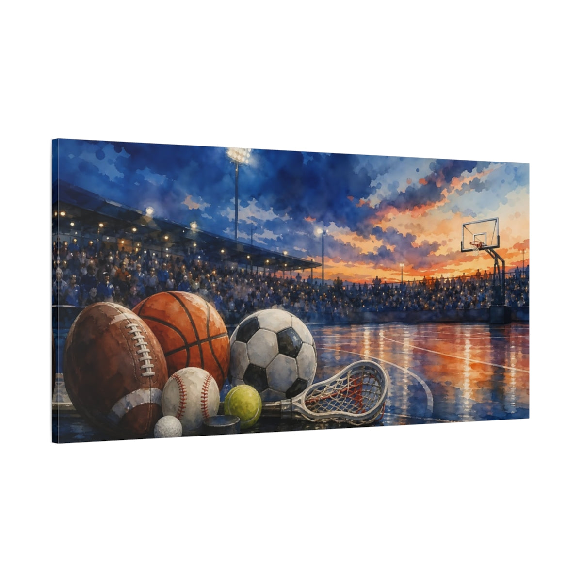 Side Mockup 2. Sunset Stadium Sports Still Life shown as canvas print