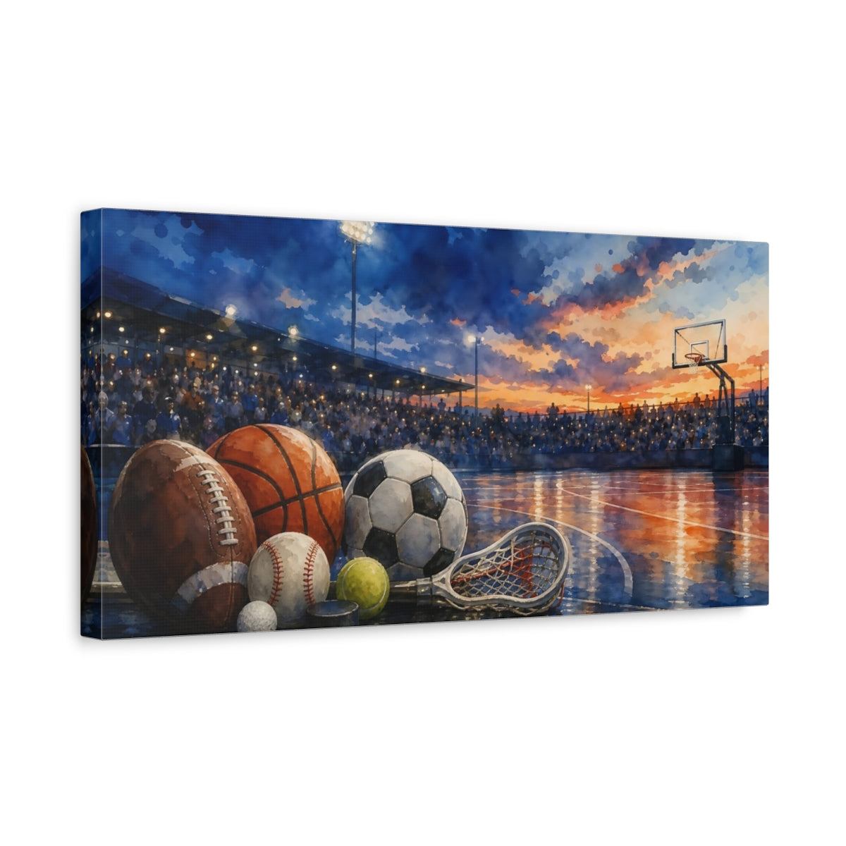 Side Mockup 3. Sunset Stadium Sports Still Life shown as canvas print