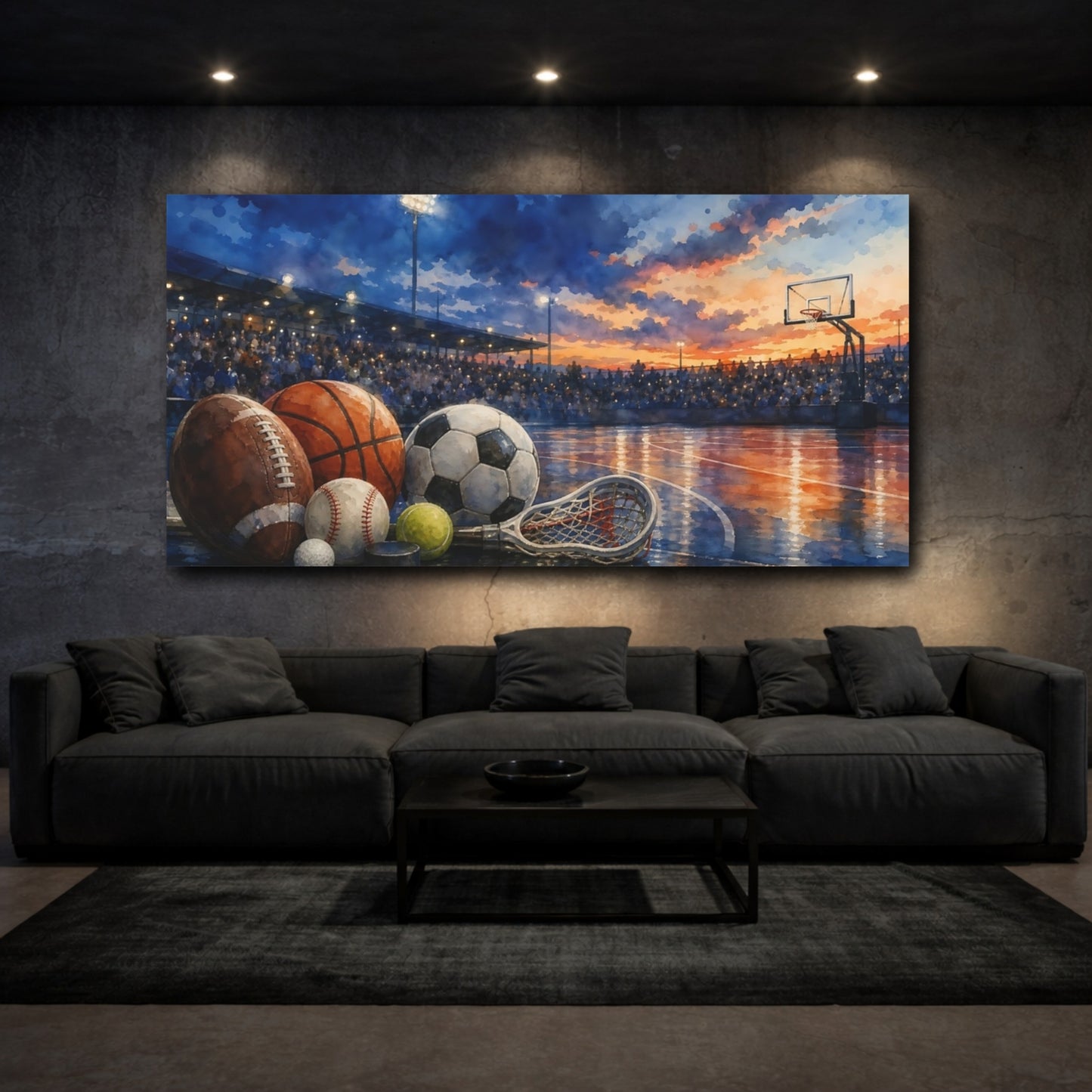 Mockup 3. Sunset Stadium Sports Still Life shown as canvas print