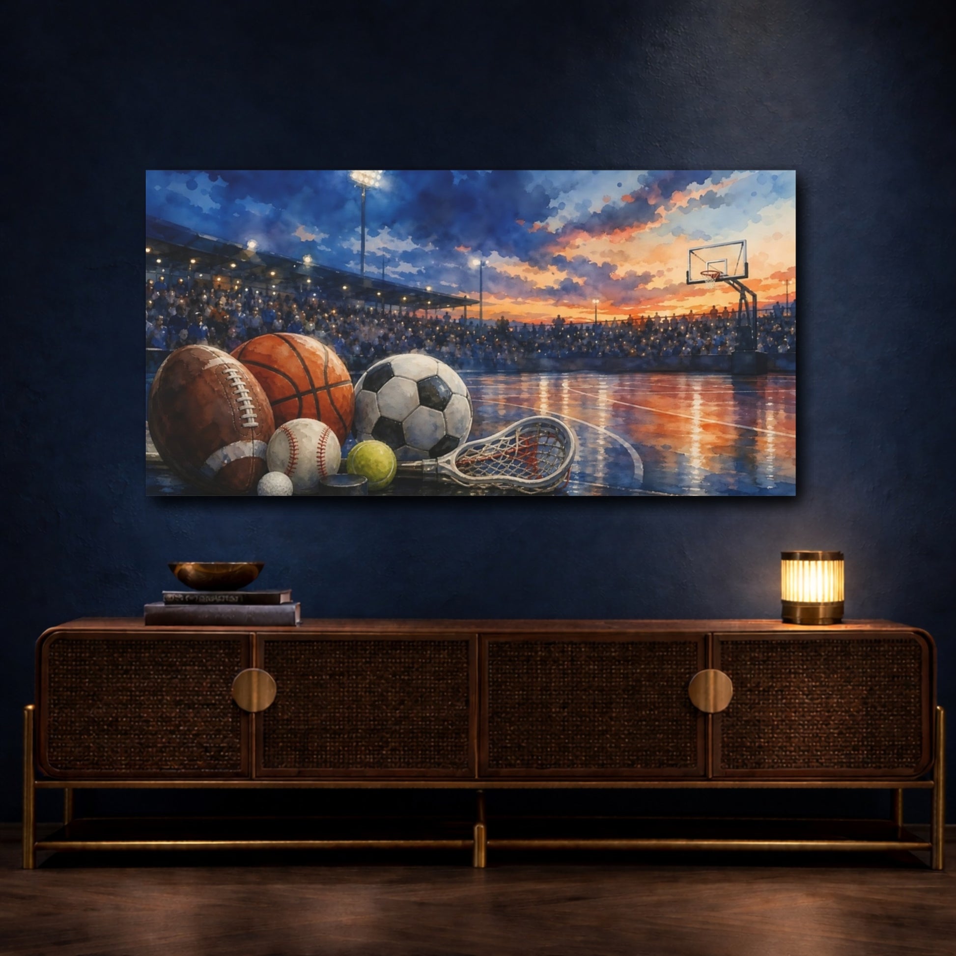 Mockup 4. Sunset Stadium Sports Still Life shown as canvas print