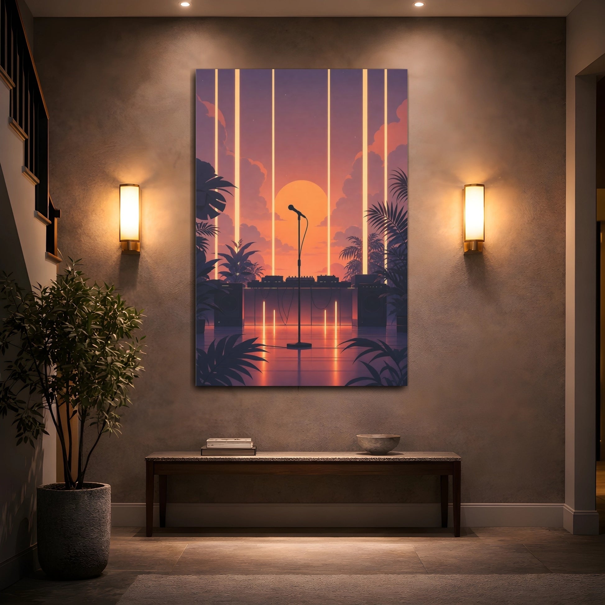 Mockup 2. Sunset Stage Microphone shown as canvas print