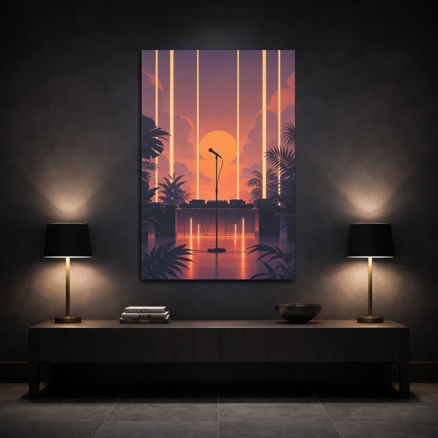 Mockup 3. Sunset Stage Microphone shown as canvas print