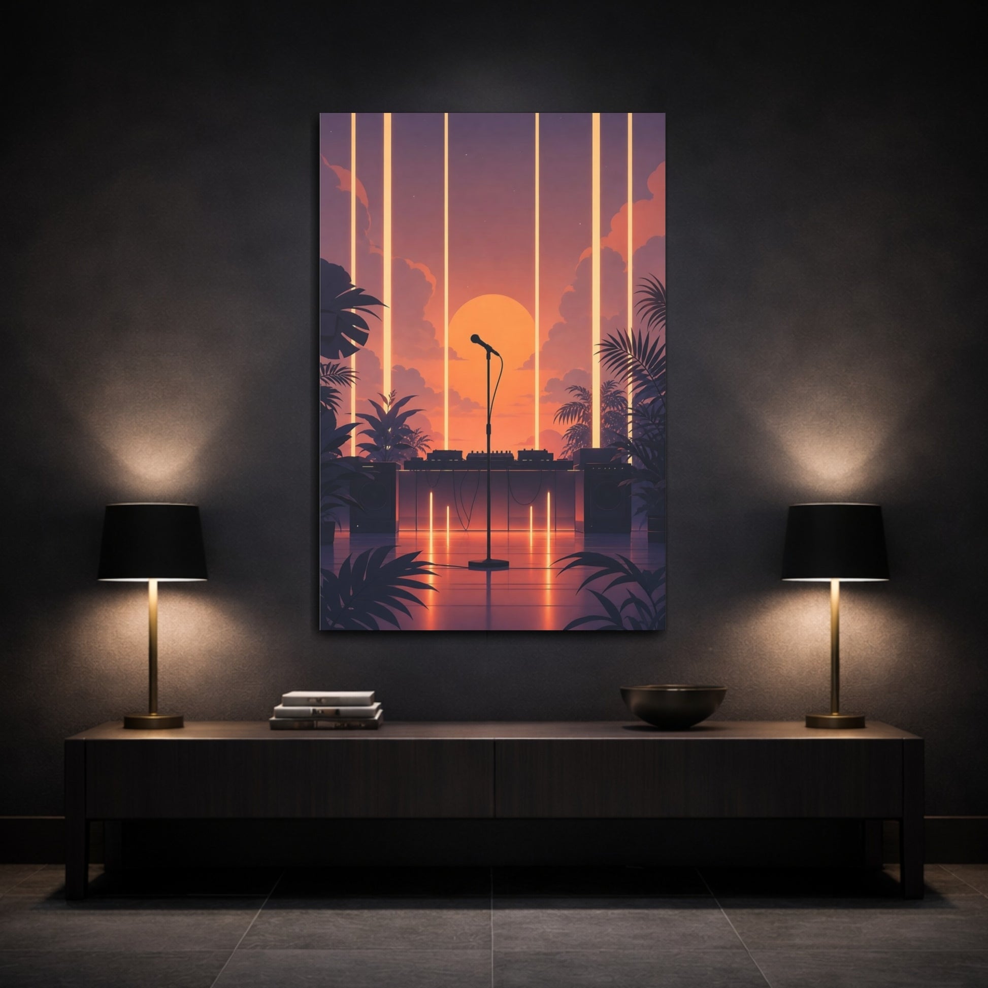 Mockup 3. Sunset Stage Microphone shown as canvas print