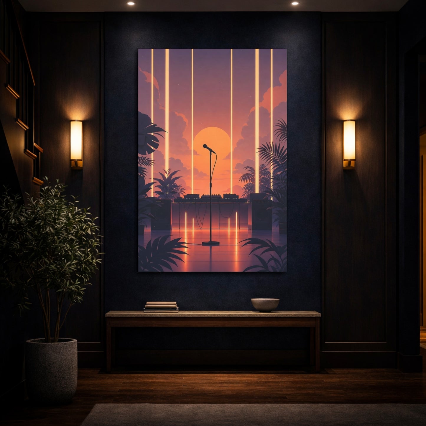 Mockup 4. Sunset Stage Microphone shown as canvas print