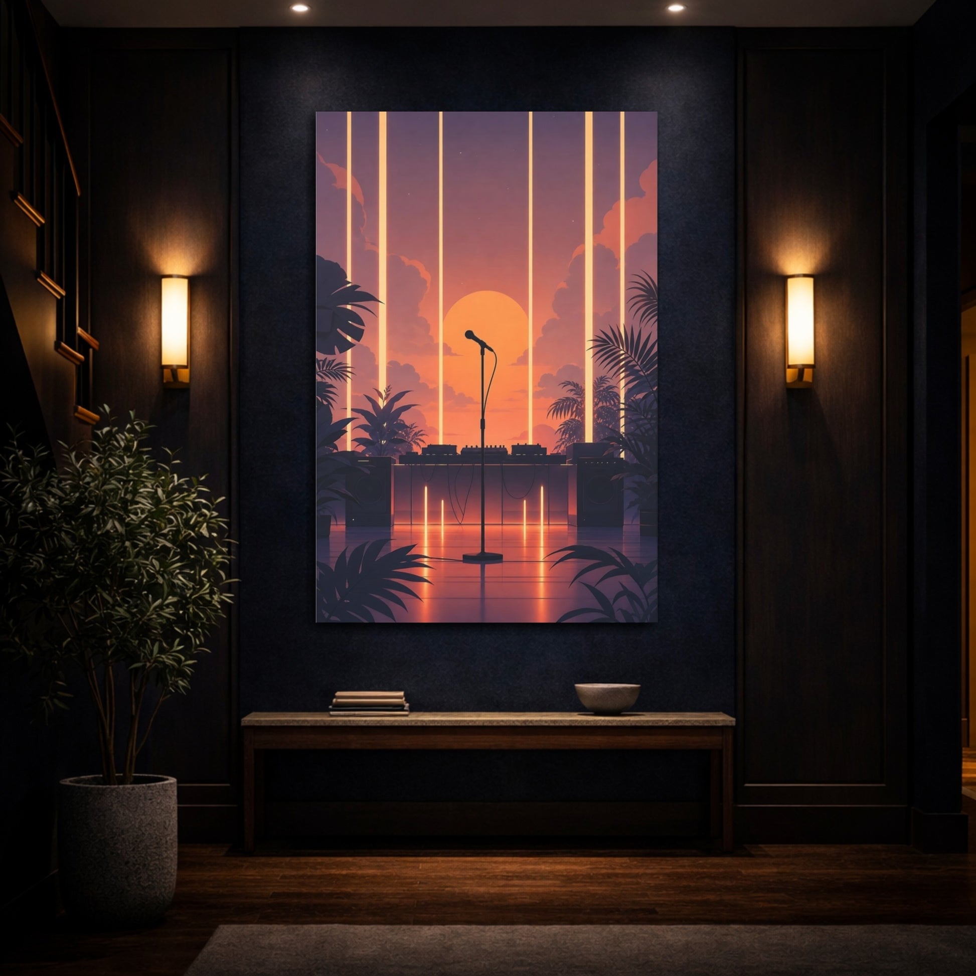 Mockup 4. Sunset Stage Microphone shown as canvas print