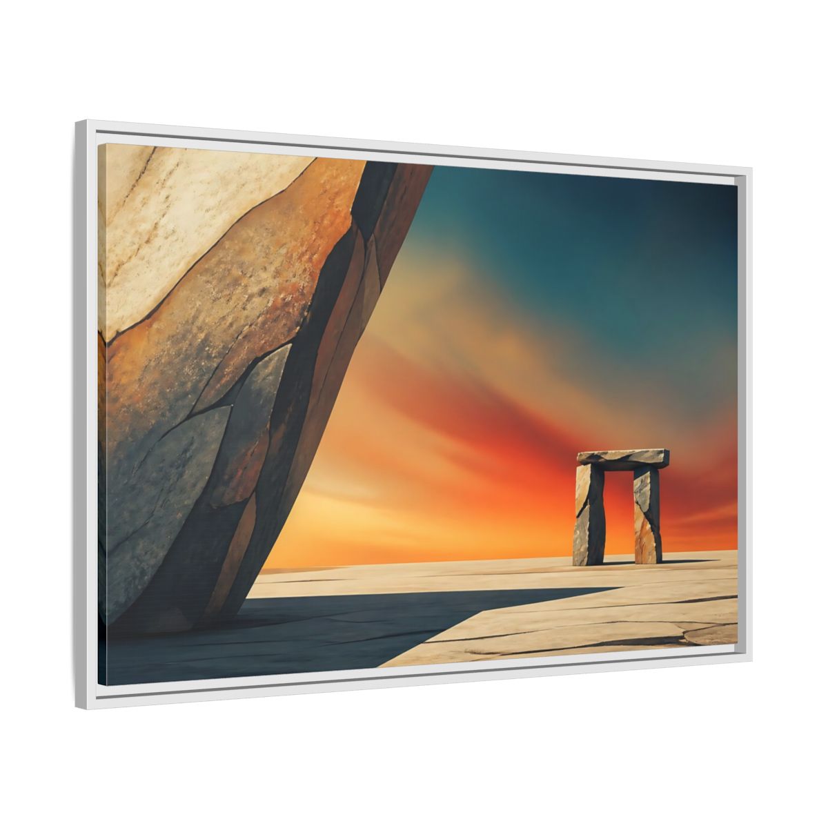Side Mockup 9. Sunset Stone Portal shown as framed canvas print