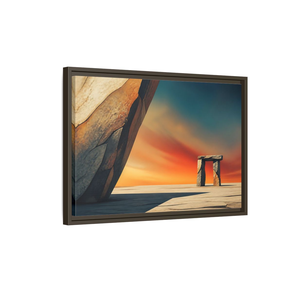 Side Mockup 2. Sunset Stone Portal shown as framed canvas print