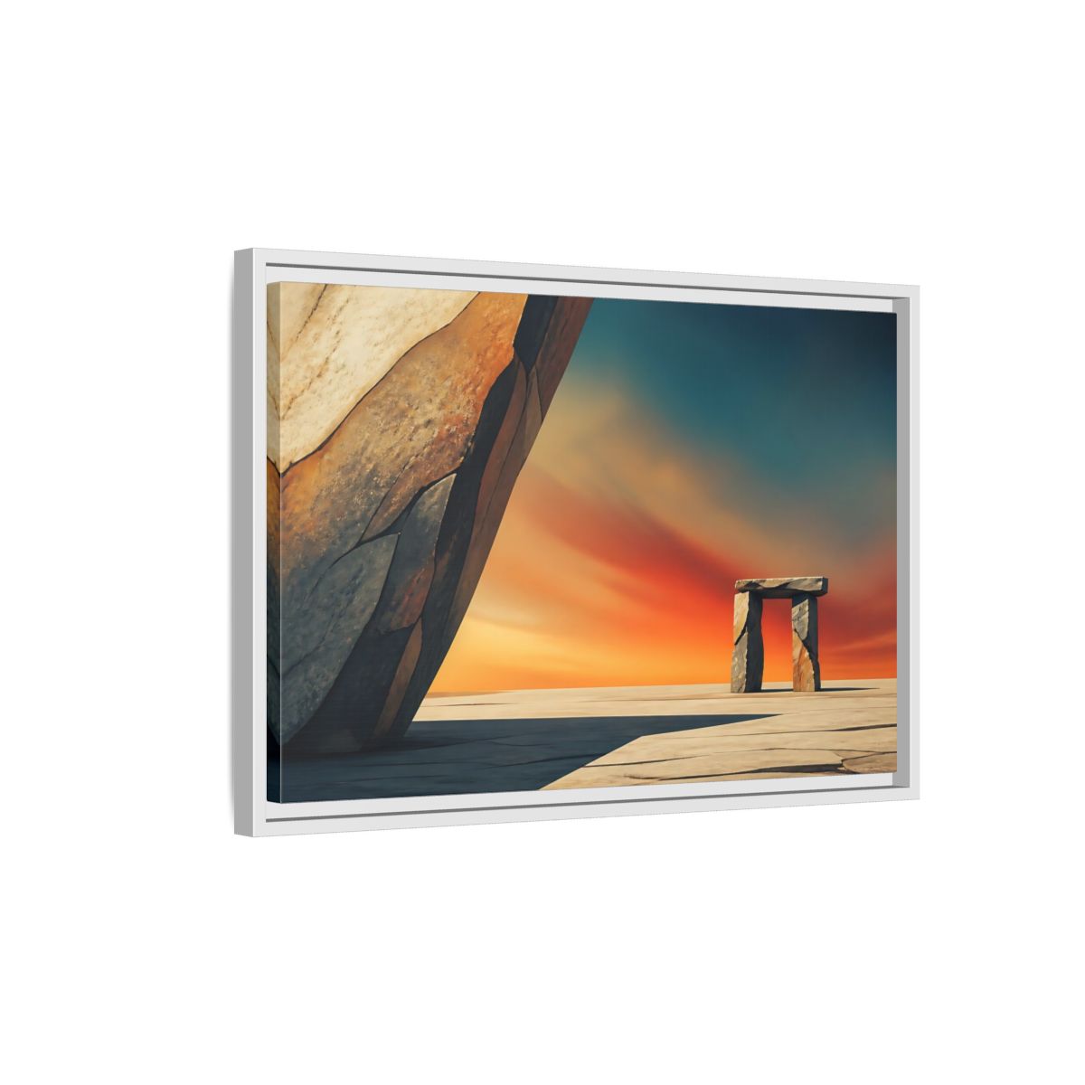 Side Mockup 1. Sunset Stone Portal shown as framed canvas print