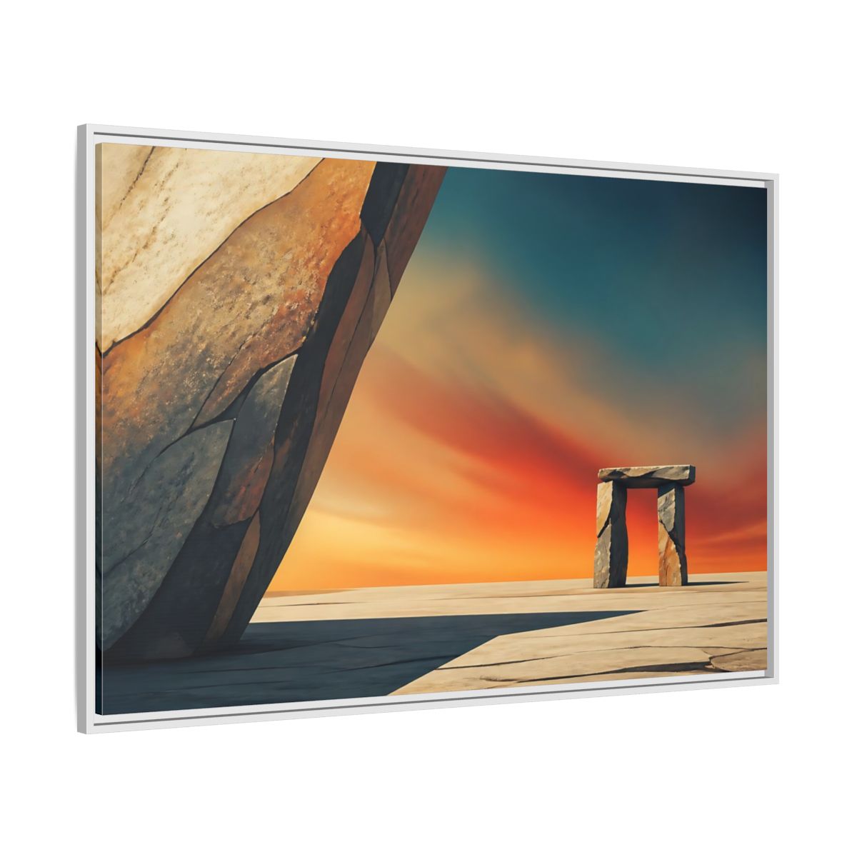 Side Mockup 7. Sunset Stone Portal shown as framed canvas print