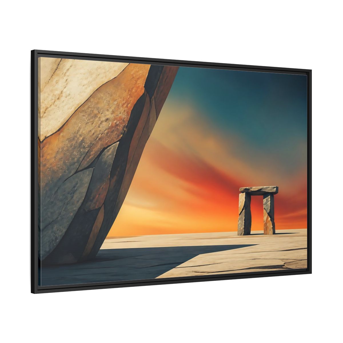 Side Mockup 12. Sunset Stone Portal shown as framed canvas print