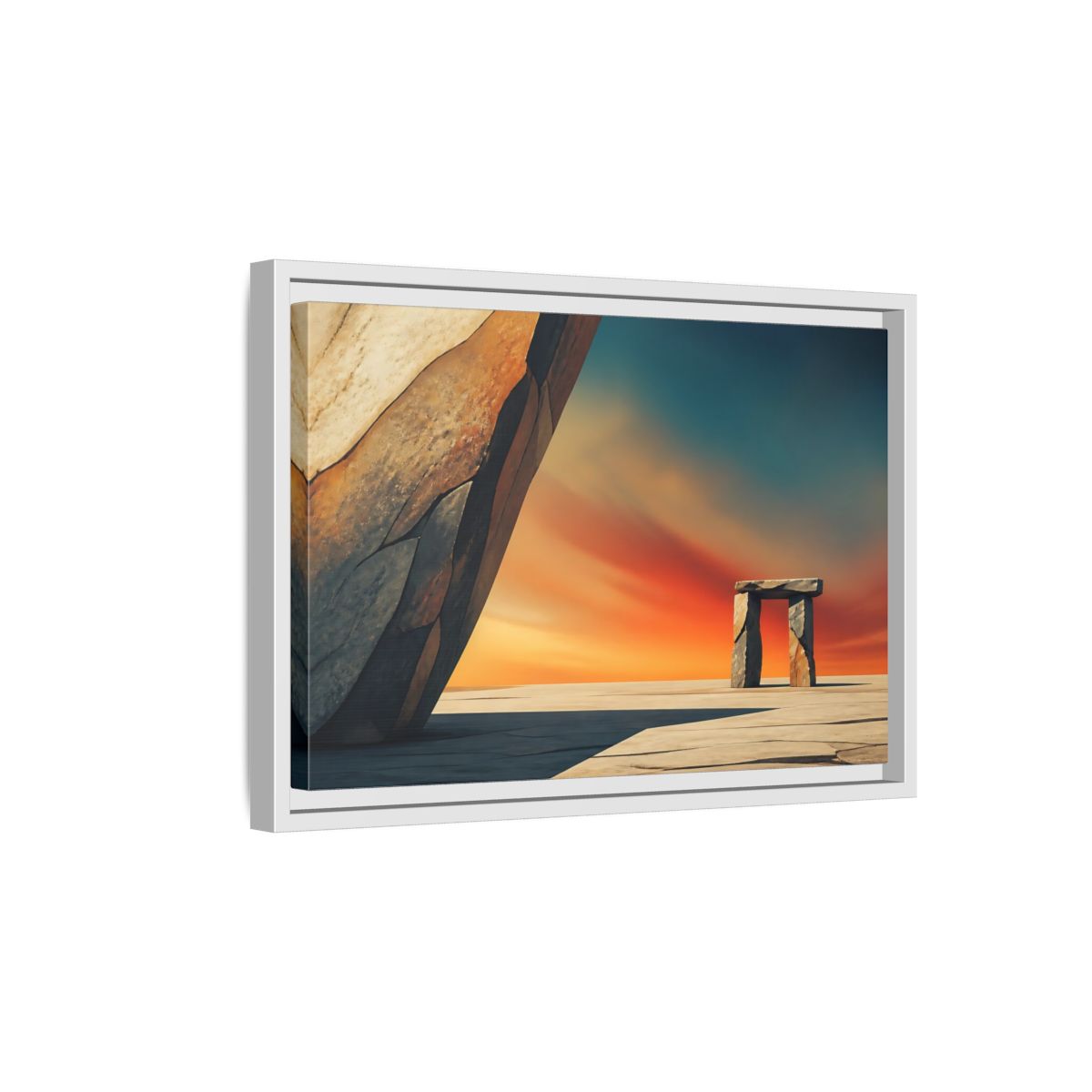 Side Mockup 4. Sunset Stone Portal shown as framed canvas print
