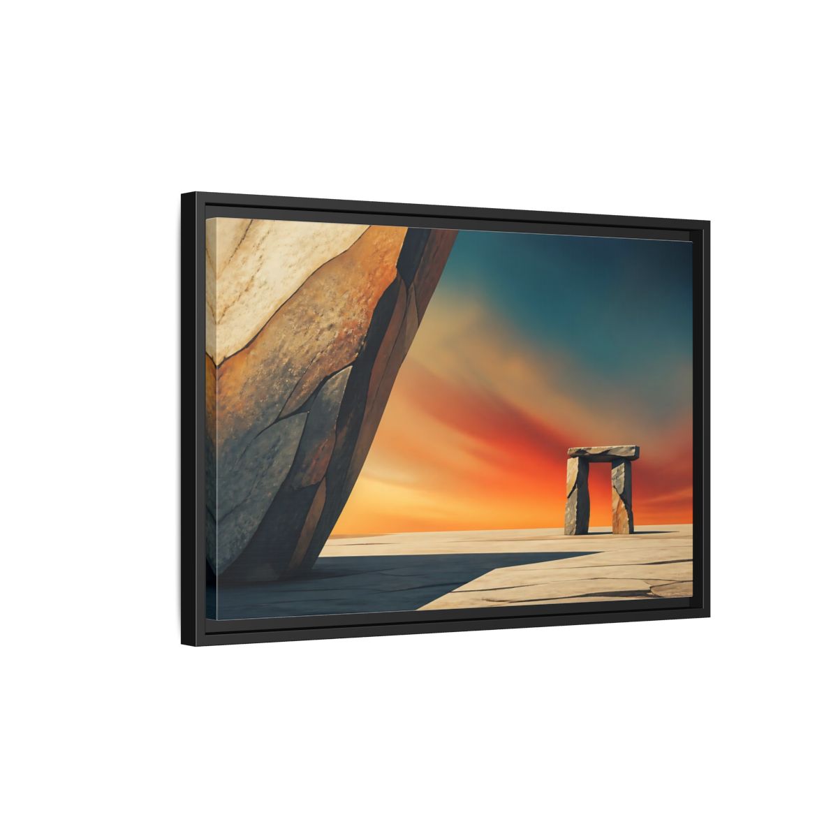 Side Mockup 3. Sunset Stone Portal shown as framed canvas print