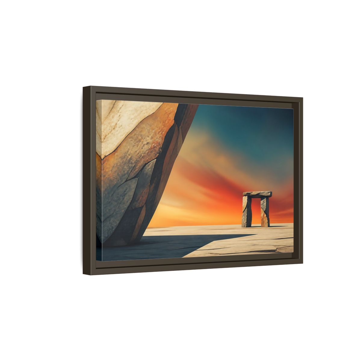 Side Mockup 5. Sunset Stone Portal shown as framed canvas print