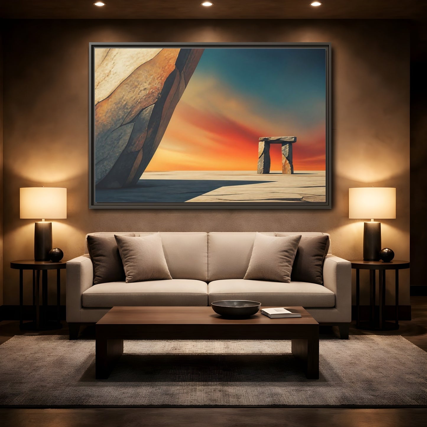 Mockup 2. Sunset Stone Portal shown as framed canvas print